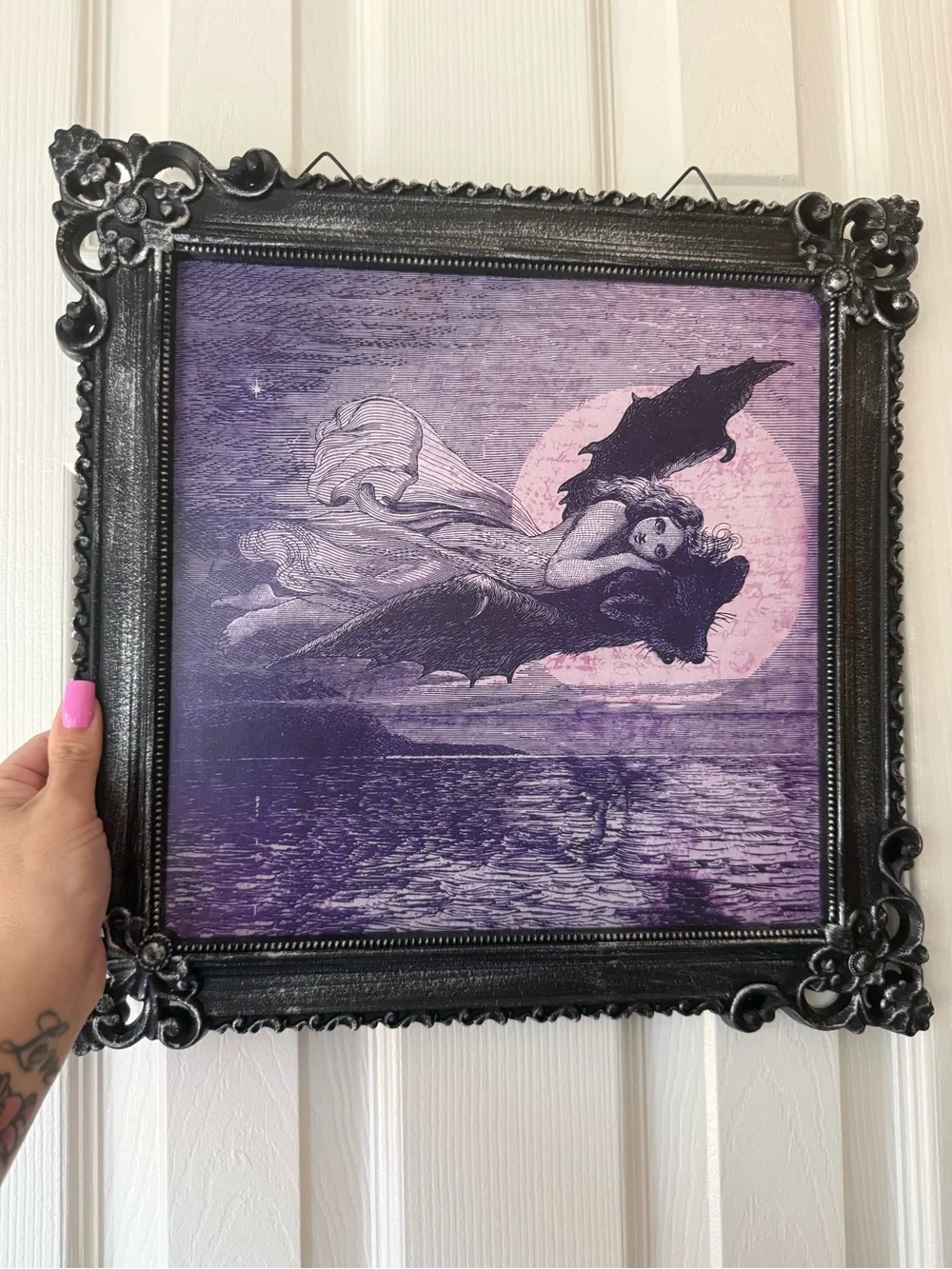 Spirit Purple Bat Girl Gothic Wall Art with Ornate Black Frame